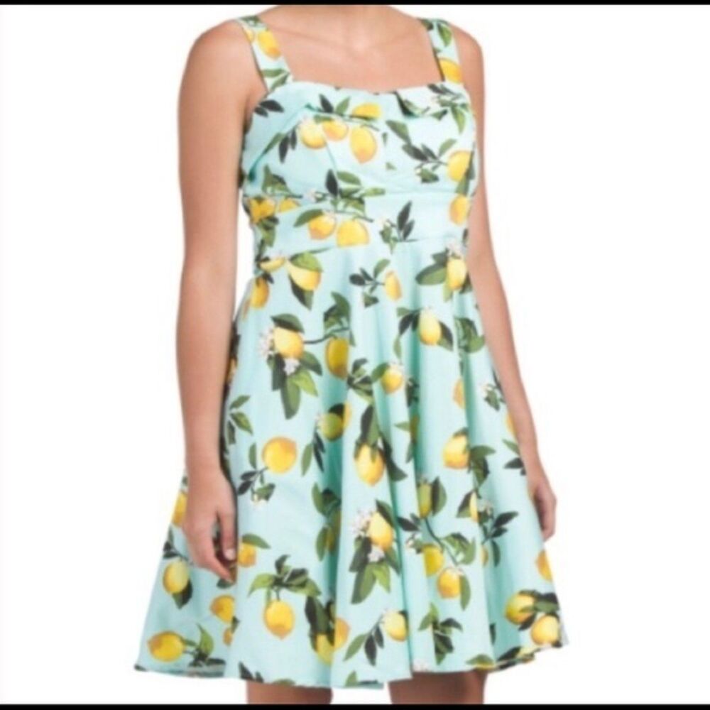 50s Retro Euro Summer Chetta B Lemon Print Dress 6 All over Fruit